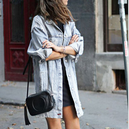 Women's long denim jacket by BACKUPMYFILESNOW.COM® featuring classic blue denim and a relaxed street style fit.