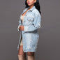 Women’s long denim jacket by BACKUPMYFILESNOW.COM® featuring classic blue denim, button front, and stylish streetwear design.