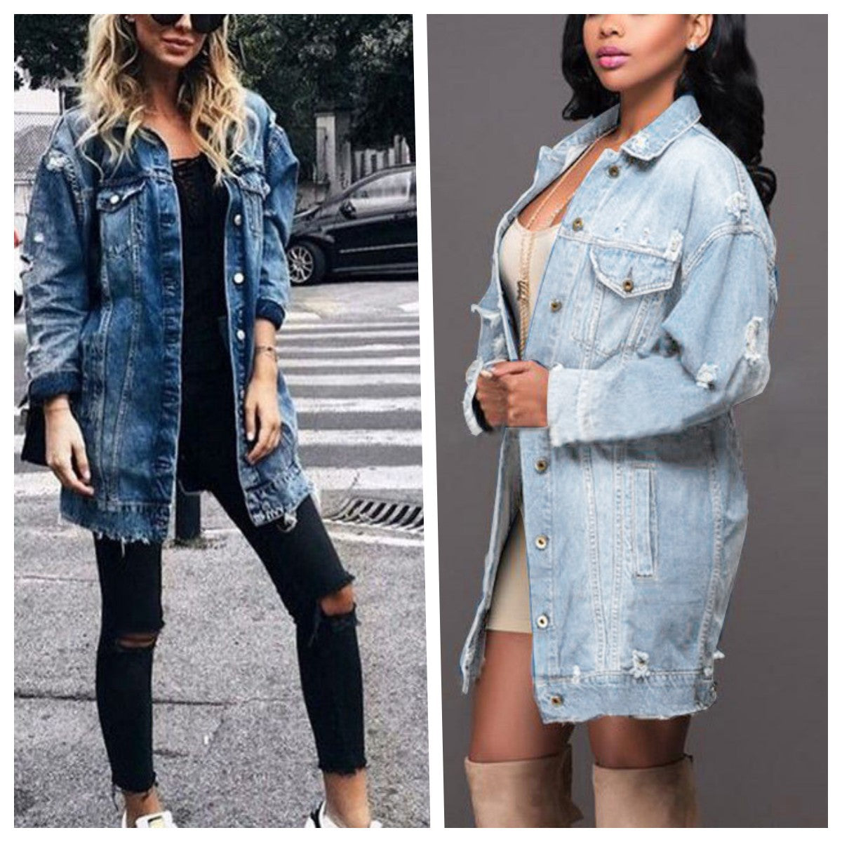 Women's long denim jacket by BACKUPMYFILESNOW.COM® featuring a trendy street style design with classic blue denim fabric.