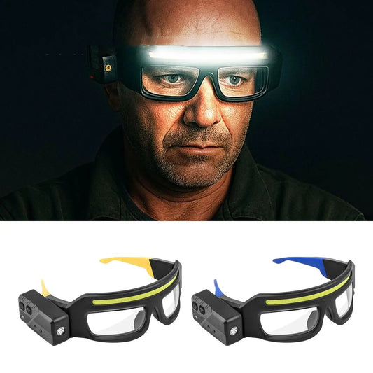 Blue safety sports glasses with LED light, anti-fog dust-proof goggles, clear vision for night riding, suitable for men and women.