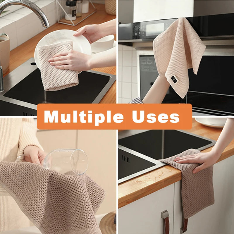 Blue cotton dish towels set with honeycomb pattern, soft and absorbent kitchen dish rags for cleaning and face washing.