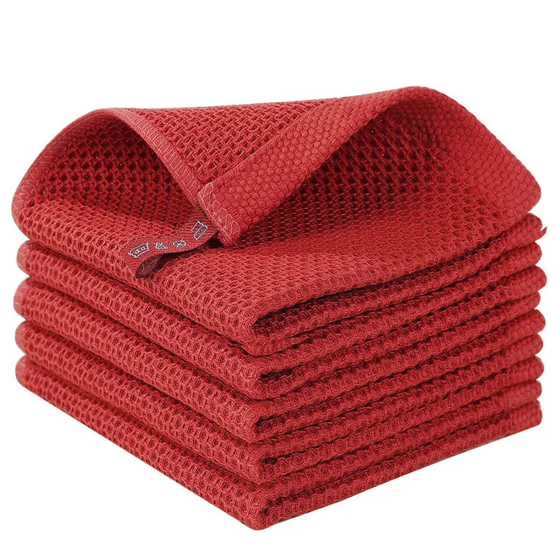 Blue cotton dish towel set with honeycomb pattern, soft, breathable, absorbent kitchen dish rags for cleaning and face washing.