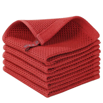 Blue cotton dish towel set with honeycomb pattern, soft, breathable, absorbent kitchen dish rags for cleaning and face washing.
