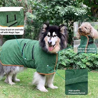 Blue pet bathrobe from BACKUPMYFILESNOW.COM®, fast drying towel for pets, shown hanging with soft, absorbent fabric.