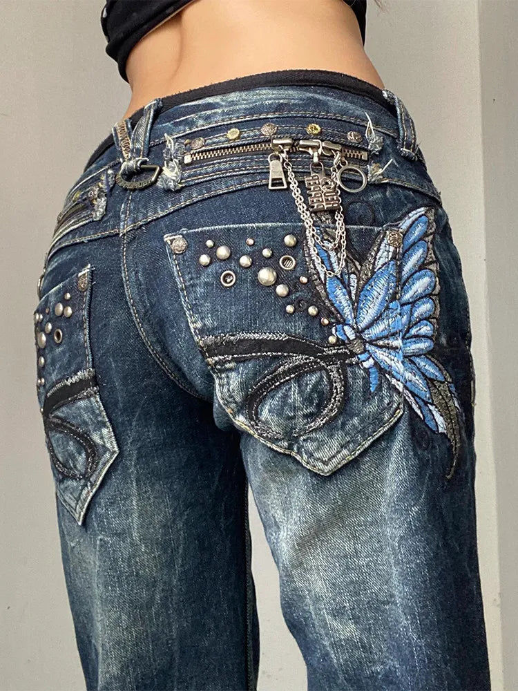 Blue American fashion high street large size butterfly embroidered women jeans, Y2K Millennium Harajuku slim flared style