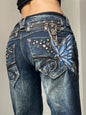 Blue American fashion high street large size butterfly embroidered women jeans, Y2K Millennium Harajuku slim flared style