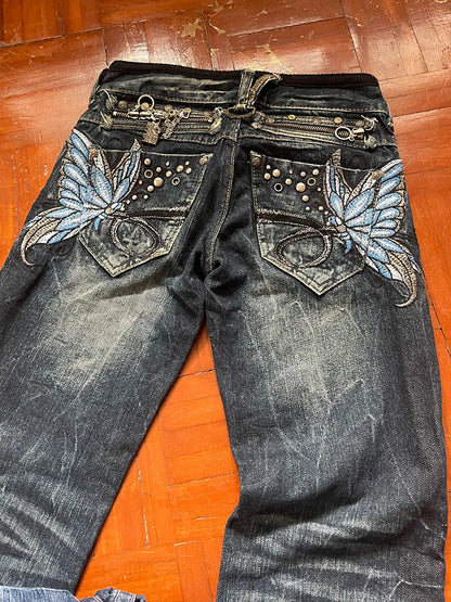 Blue American fashion high street large size butterfly embroidered women jeans, Y2K Millennium Harajuku slim flared style