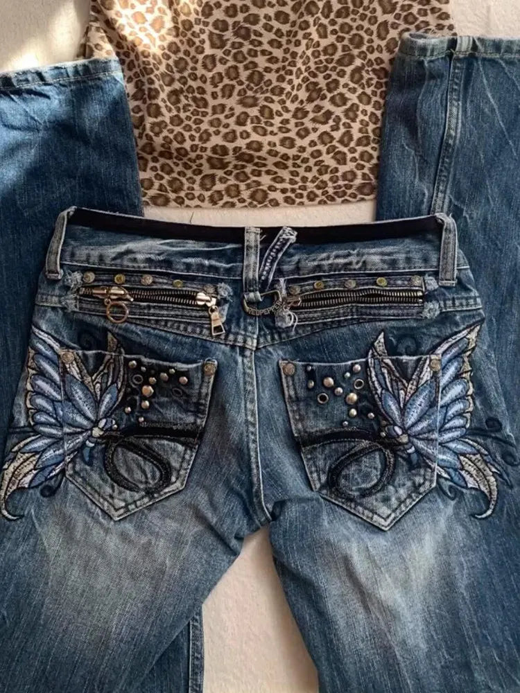 Blue American fashion high street large size butterfly embroidered women jeans, Y2K millennium Harajuku slim flared style