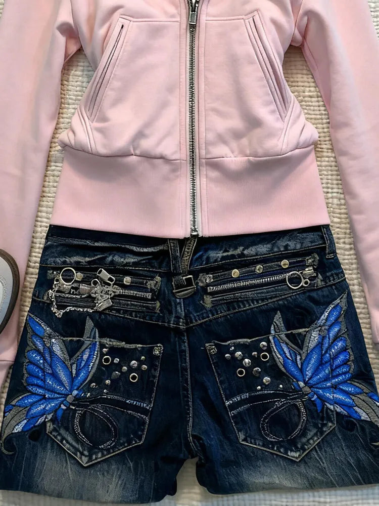 Blue American fashion high street women’s jeans with butterfly embroidery, Y2K style, large size, slim and flared fit, Harajuku-inspired.