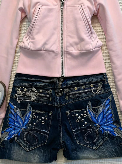 Blue American fashion high street women’s jeans with butterfly embroidery, Y2K style, large size, slim and flared fit, Harajuku-inspired.