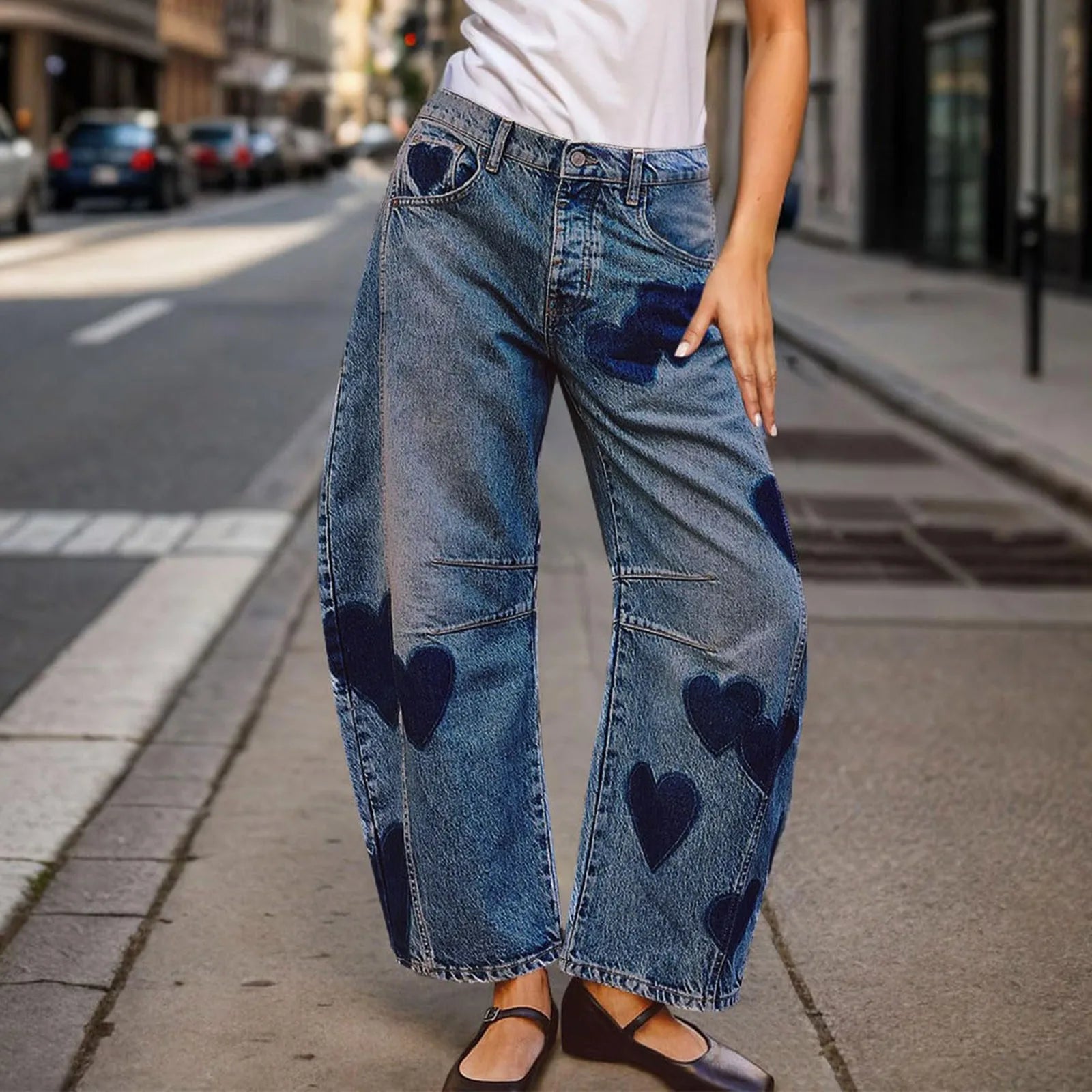 Women’s mid-rise barrel jeans by BackupMyFilesNow.com featuring heart-printed denim, ankle-length, vintage baggy casual summer pants.
