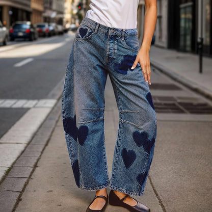 Women’s mid-rise barrel jeans by BackupMyFilesNow.com featuring heart-printed denim, ankle-length, vintage baggy casual summer pants.
