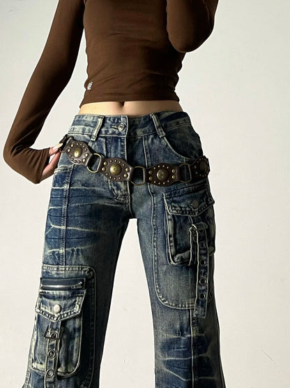 Blue American Vintage street style Y2K women's high-street cargo flared jeans with multiple pockets and a casual punk design.
