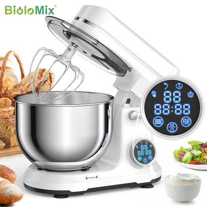 BioloMix Kitchen Food Stand Mixer with 1200W DC motor, 11 speeds, digital OLED screen, dough hook, and whisk attachment.