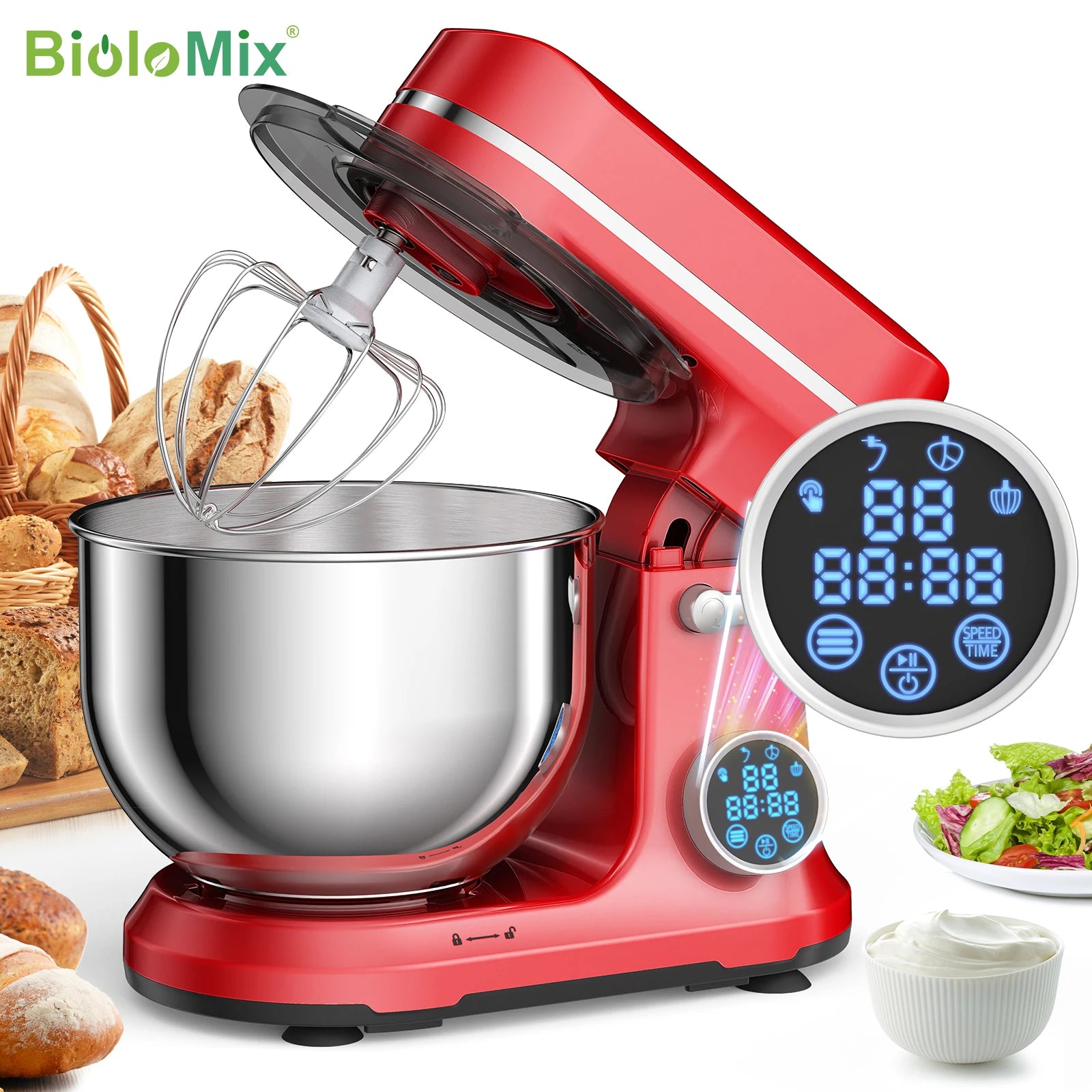 BioloMix kitchen stand mixer in red with 1200W power, digital OLED screen, 11 speeds, dough hook, and whisk attachments.