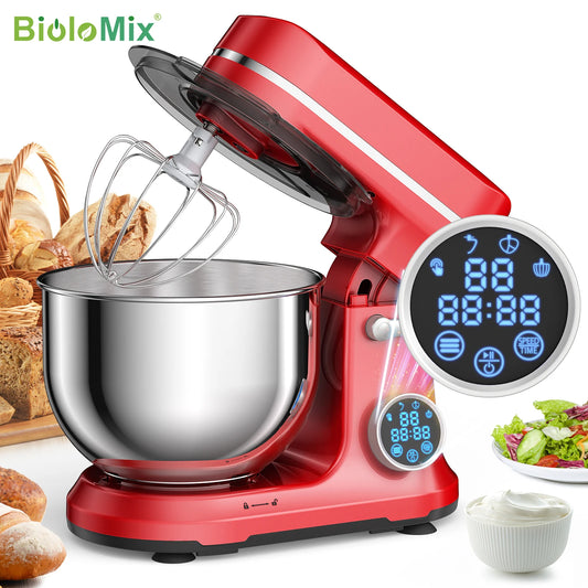 BackupMyFilesNow.com BioloMix kitchen food stand mixer with 1200W DC motor, digital OLED screen, dough hook, and whisk attachment.