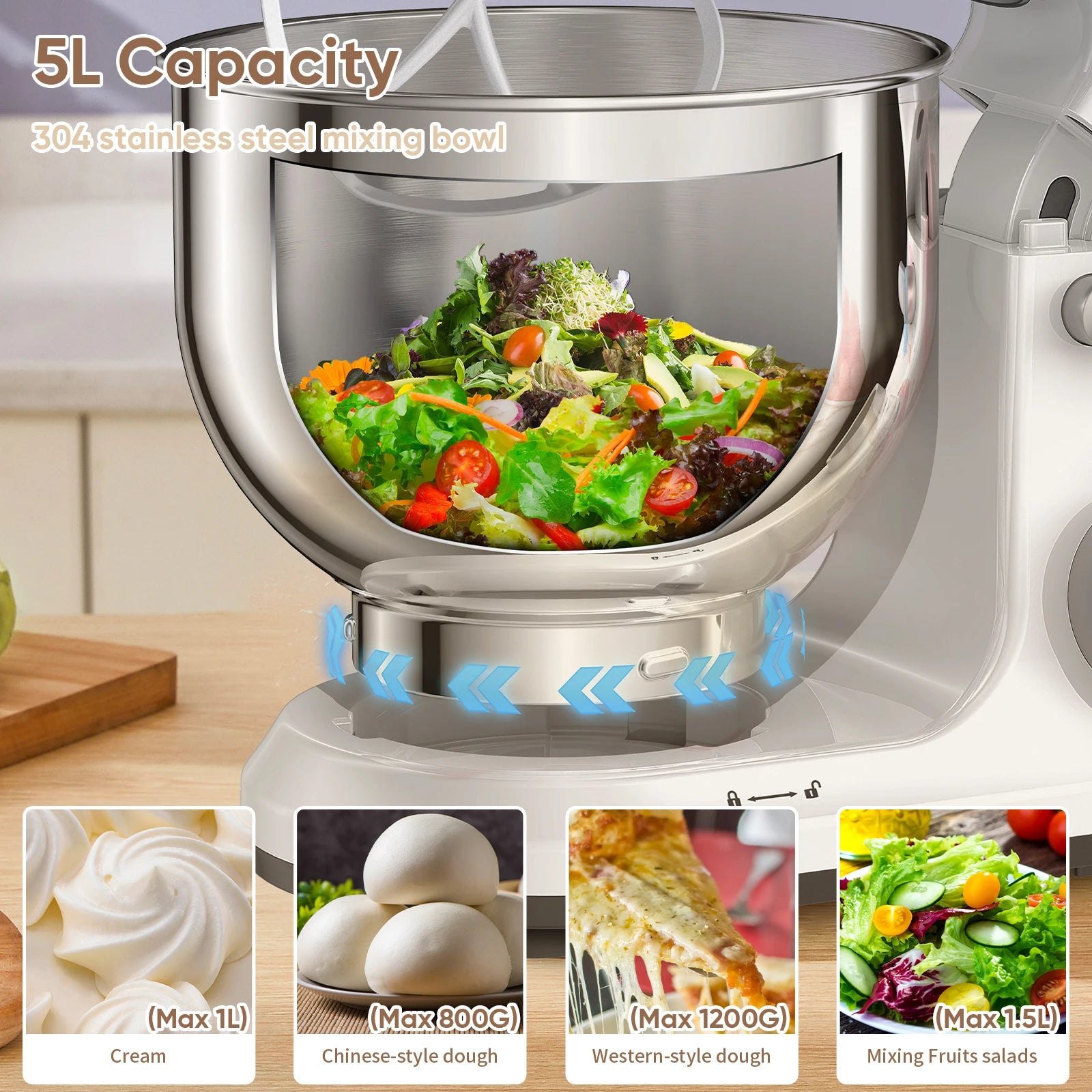 BioloMix Kitchen Food Stand Mixer in red with 1200W DC motor, digital OLED display, dough hook, and whisk attachment.