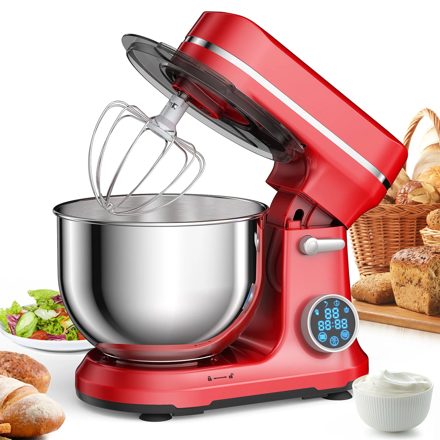 Red BioloMix Kitchen Food Stand Mixer with 1200W DC motor, 11 speeds, digital OLED screen, dough hook, and whisk attachment.