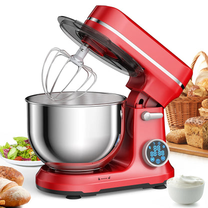 Red BioloMix Kitchen Food Stand Mixer with 1200W DC motor, 11 speeds, digital OLED screen, dough hook, and whisk attachment.