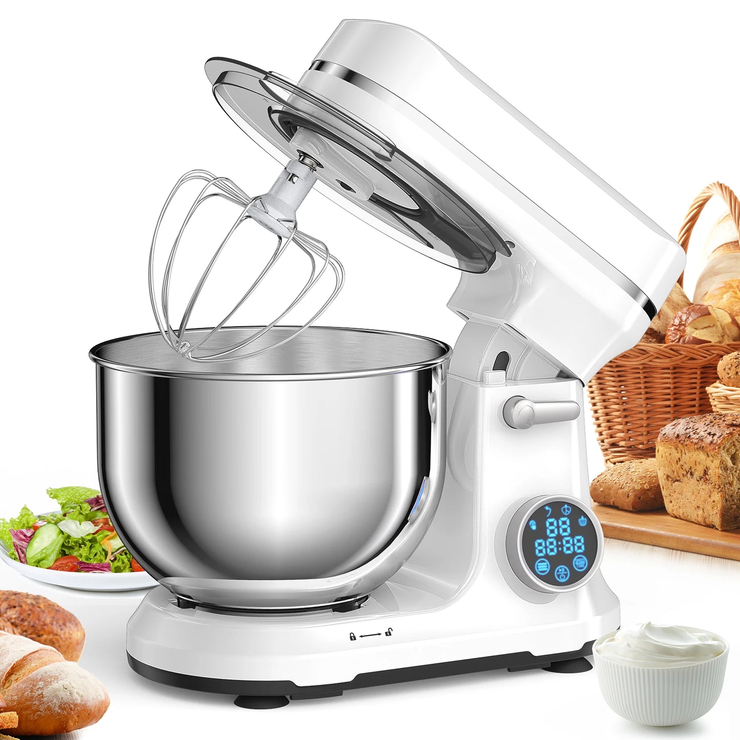 Red BioloMix Kitchen Food Stand Mixer with 1200W DC motor, 11 speeds, digital OLED screen, dough hook, and whisk attachments.