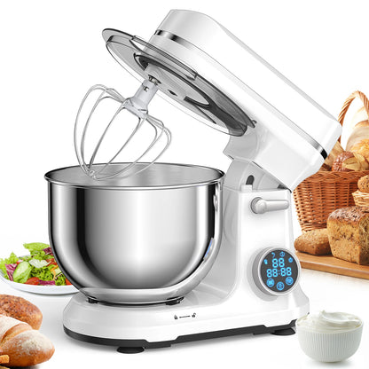 Red BioloMix Kitchen Food Stand Mixer with 1200W DC motor, 11 speeds, digital OLED screen, dough hook, and whisk attachments.