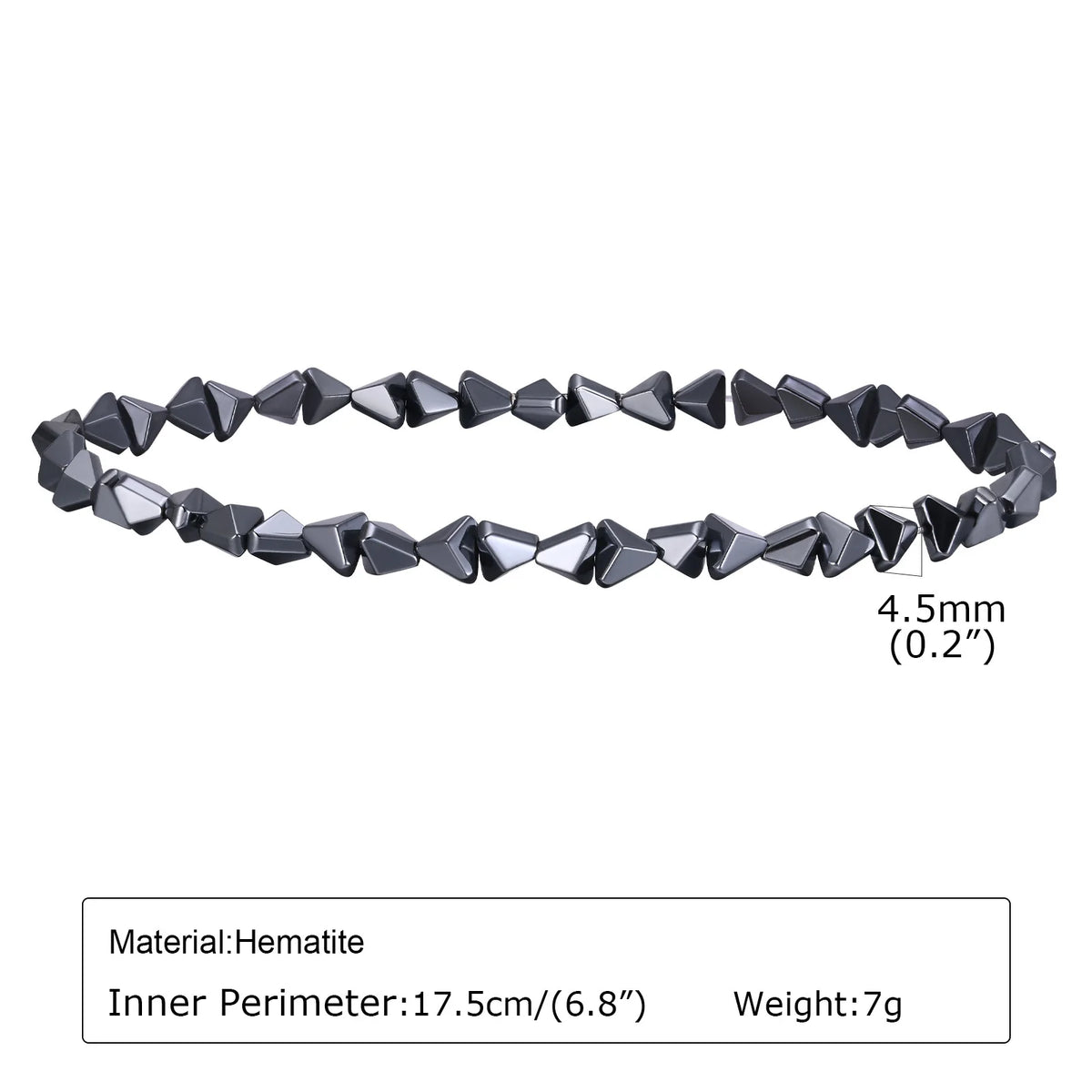 Black triangle beads bracelet for men and women, unisex stretch hematite wristband jewelry with handmade design and stylish appearance.