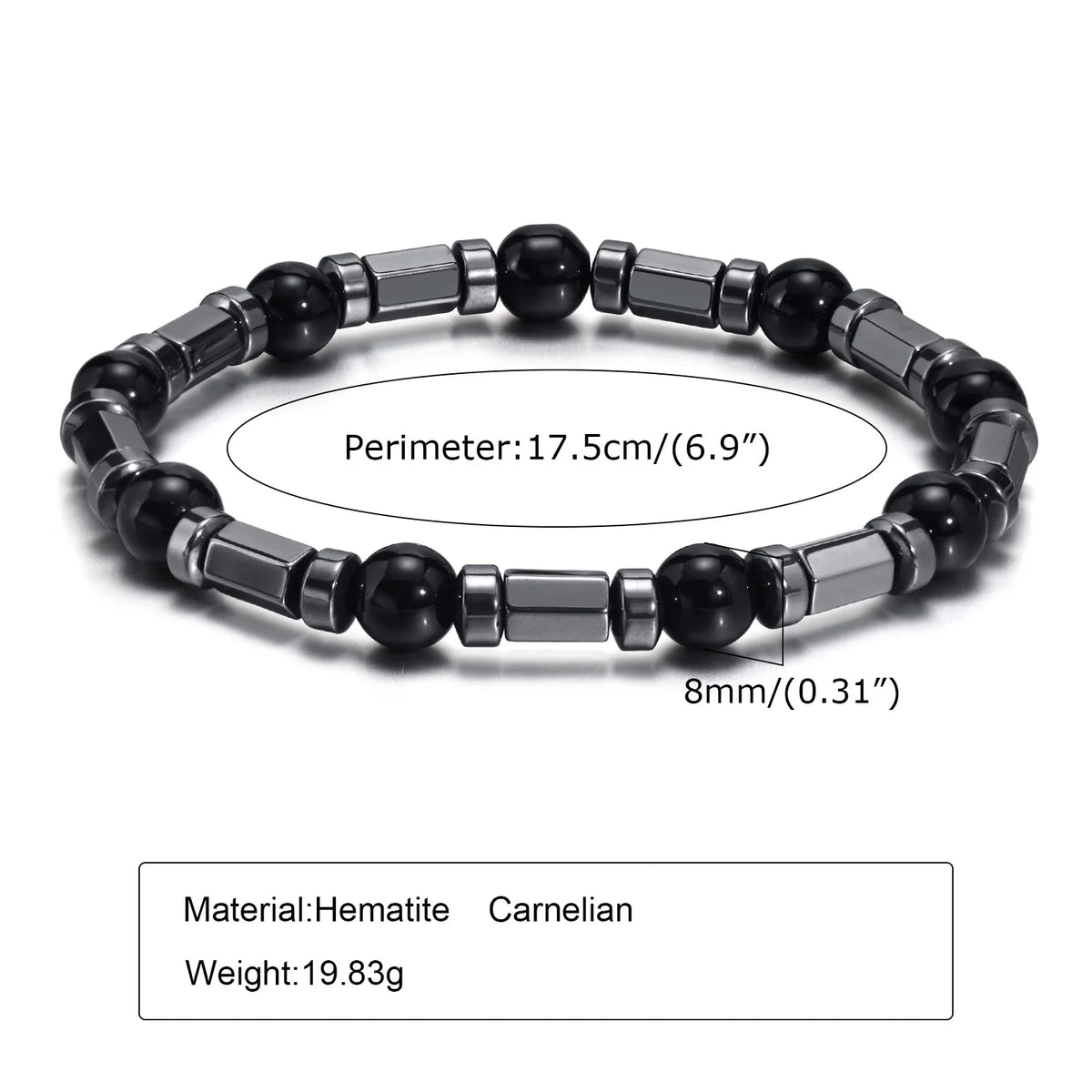 Black triangle beads bracelet for men and women, unisex stretch hematite wristband with handmade gallstone jewelry design.