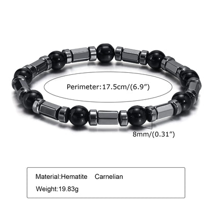Black triangle beads bracelet for men and women, unisex stretch hematite wristband with handmade gallstone jewelry design.