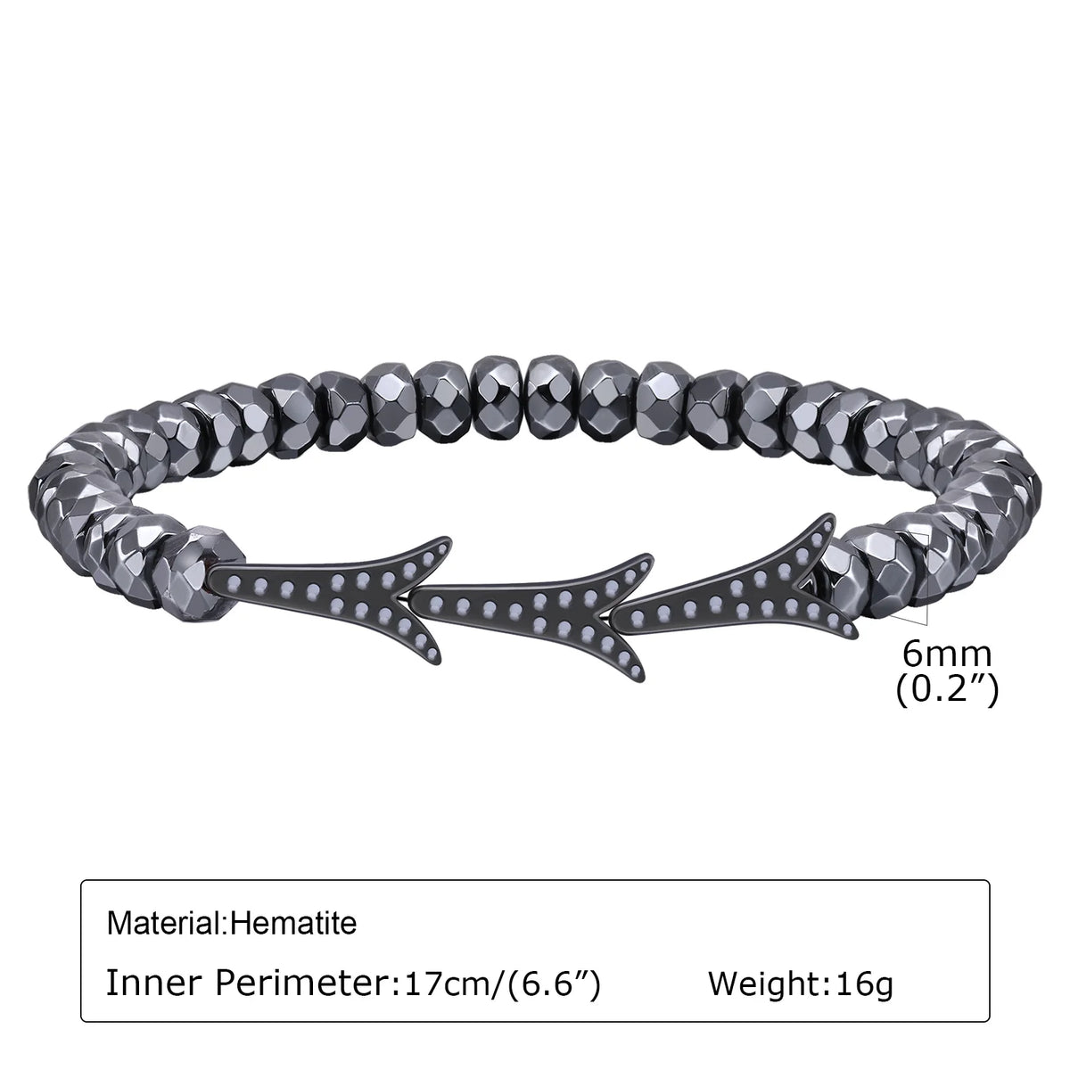 Black triangle bead bracelet for men and women, unisex stretch hematite wristband with handmade gallstone accents.