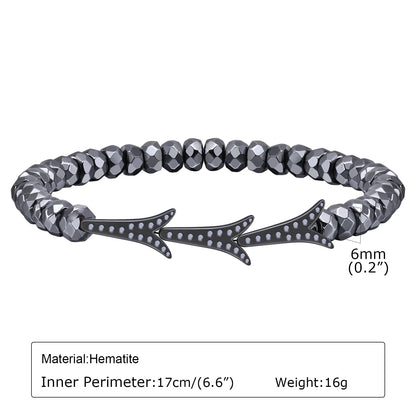 Black triangle bead bracelet for men and women, unisex stretch hematite wristband with handmade gallstone accents.