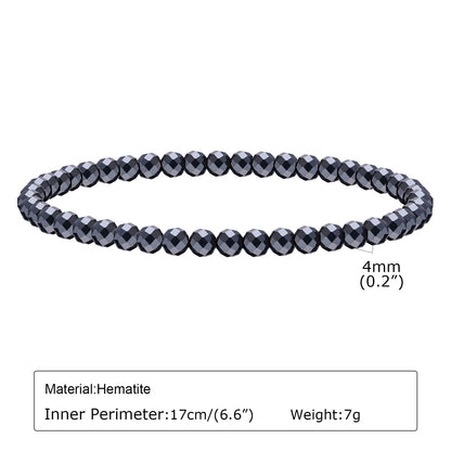 Black triangle beads bracelet for men and women, unisex stretch hematite wristband with handmade gallstone jewelry accents.
