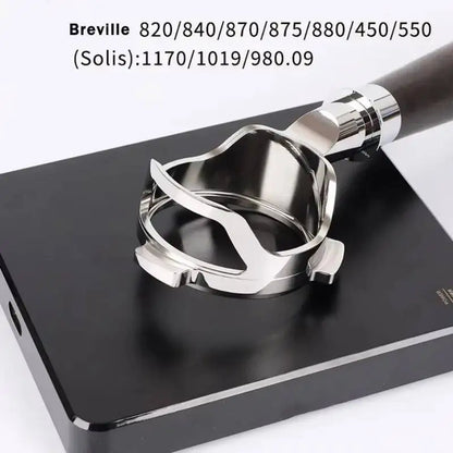 54mm stainless steel bottomless hollow portafilter for Breville espresso machines with modified handle, designed for 878, 870, 880 models.