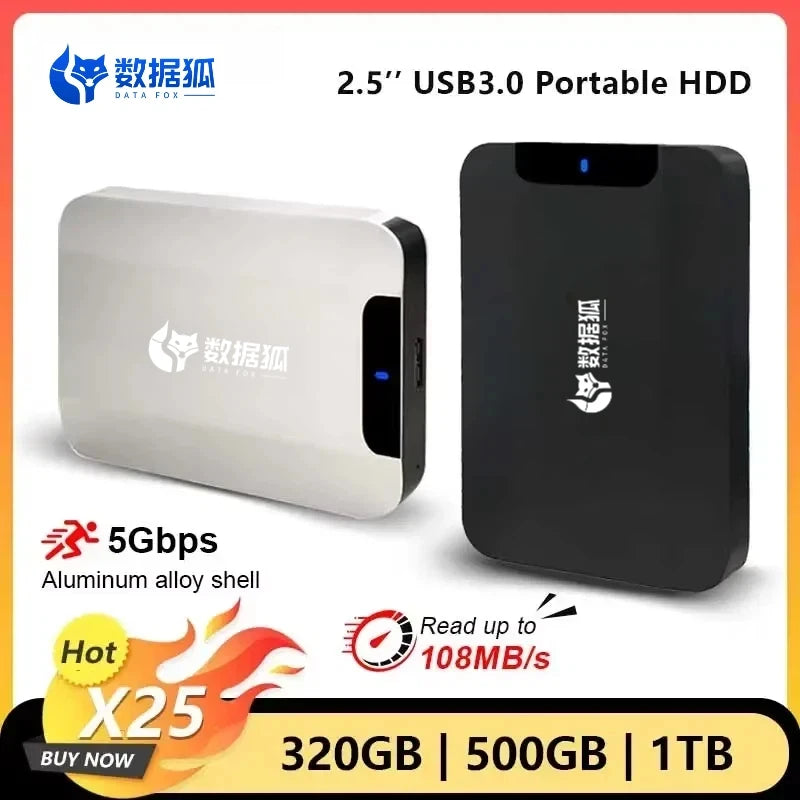 BackupMyFilesNow.com Data Fox Dual-Use External HDD X25 2.5-inch metal USB 3.0 black and silver for game storage and PC backup.