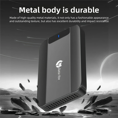 Data Fox Dual-Use External HDD X25 in black and silver, 2.5-inch metal case with USB 3.0 for game storage and PC backup.