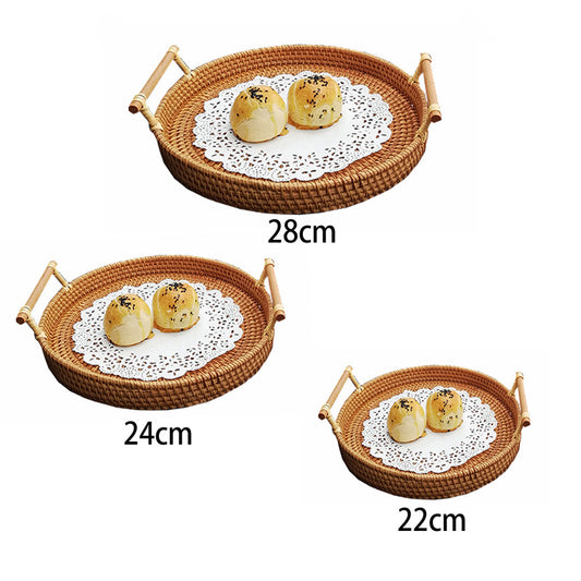 Rattan woven storage basket for snacks and fruits, upgraded design, natural finish, ideal for kitchen organization.