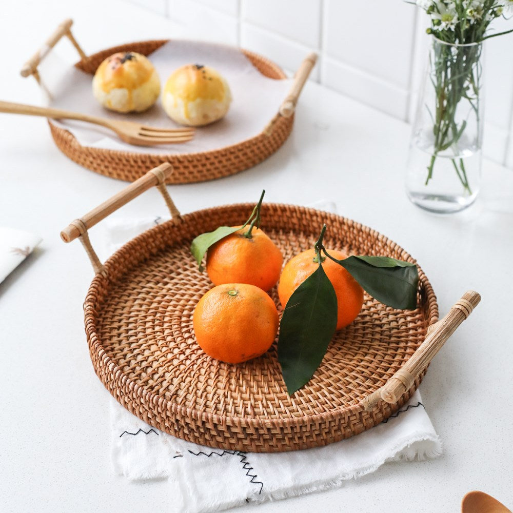 Upgraded rattan woven storage basket for snacks and fruits, featuring a stylish, natural design for kitchen organization.