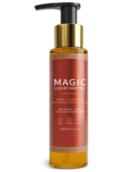 Two bottles of BackupMyFilesNow.com Magic Body Oil in brown bottles, showcasing the product's packaging and labeling.