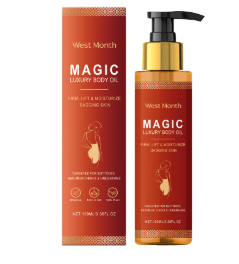 Two bottles of BackupMyFilesNow.com Magic Body Oil in brown bottles, showcasing the product's packaging and design.