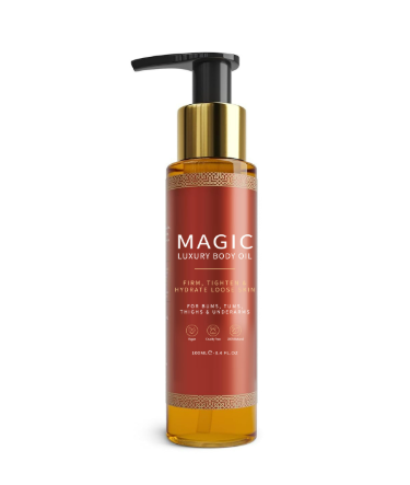 Two bottles of BackupMyFilesNow.com Magic Body Oil with brown packaging, showcasing the product's elegant design and labels.
