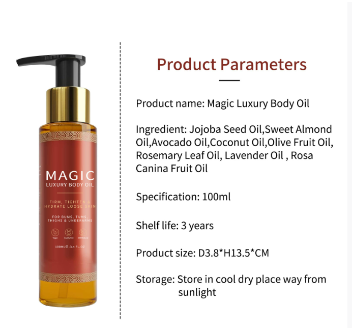 Two bottles of BackupMyFilesNow.com Magic Body Oil in brown bottles, showcasing smooth, nourishing skincare product.