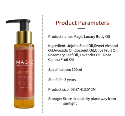 Two bottles of BackupMyFilesNow.com Magic Body Oil in brown bottles, showcasing smooth, nourishing skincare product.