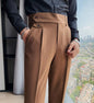 British business casual trousers in brown from BackupMyFilesNow.com, tailored fit with front and back pockets.