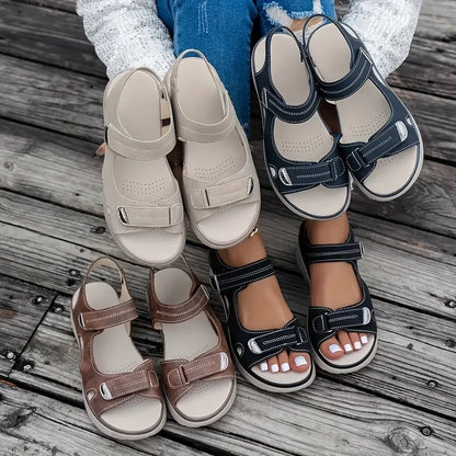 Brown women's summer wedge sandals with non-slip soles, lightweight casual platform design, suitable for plus sizes.
