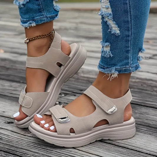 Brown summer wedge sandals for women featuring a casual platform design, lightweight, non-slip beach shoes, plus size options.