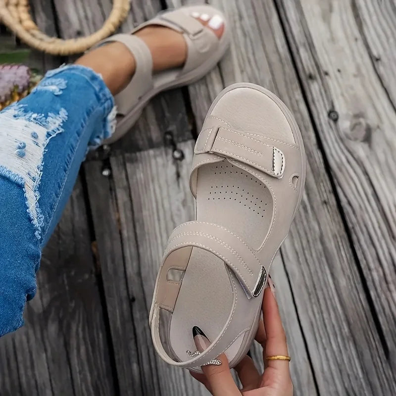 Brown women's summer wedge sandals by BACKUPMYFILESNOW.COM®, lightweight, casual platform beach shoes with non-slip soles.