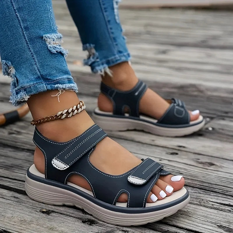 Brown summer wedge sandals for women by BACKUPMYFILESNOW.COM®, lightweight casual platform shoes with non-slip beach sole, plus size available.