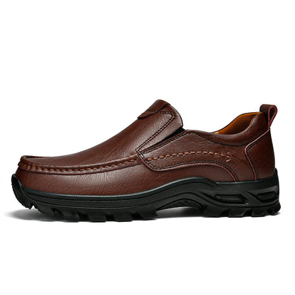 Men's slip-on leather casual shoes by BackupMyFilesNow.com, black and brown loafers and driving moccasins for spring and autumn.