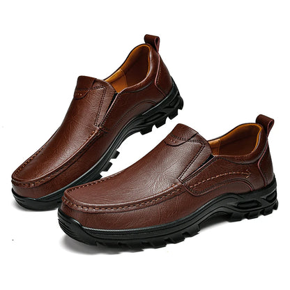 Mens slip-on leather casual shoes, black and brown loafers and oxfords with driving moccasin style, perfect for spring and autumn.