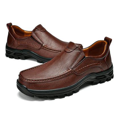 Men's slip-on leather casual shoes in black and brown, featuring loafers and driving moccasin styles for spring and autumn.