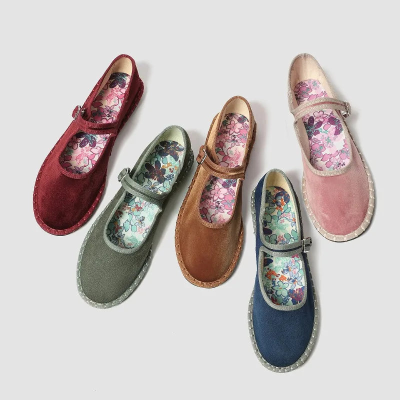Red velvet Mary Janes shoes for women with printed insoles, stitching detail, and casual pleuche fabric, stylish ballet flats.